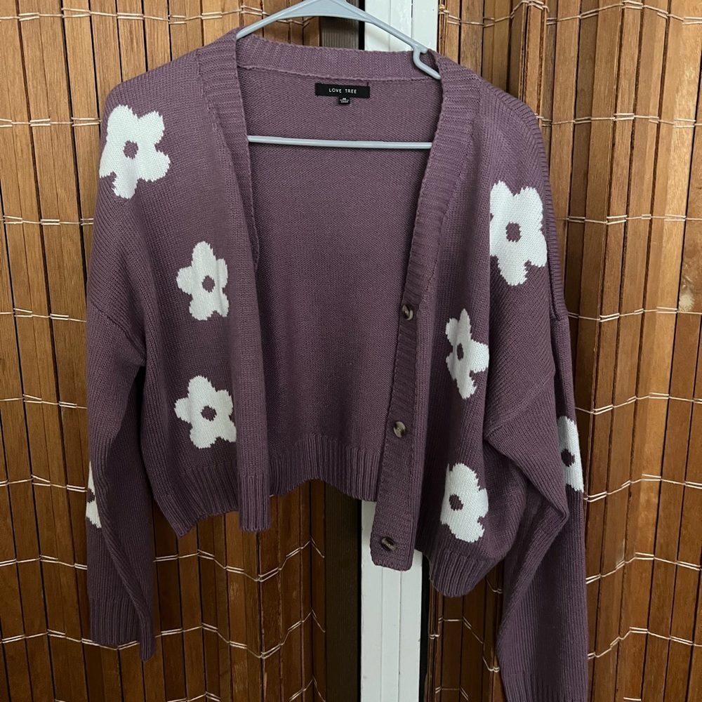 Purple Cardigan With White Flower Print